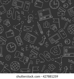 Seamless pattern on the topic of information technology and earn money online, simple hand-drawn contour icons, light outline on a dark background