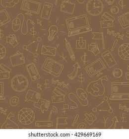 Seamless pattern on the topic of information technology and earn money online, simple hand-drawn contour icons, light outline on a brown background