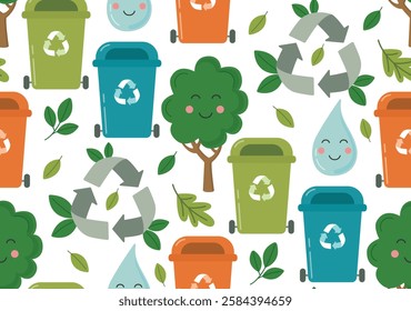 Seamless pattern on the topic of recycling and of protection Earth planet. Colorful background with garbage cans, trees, leafes, water.