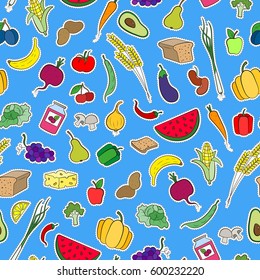 Seamless pattern on the topic of vegetarianism, simple icons, food signs patches on a blue  background