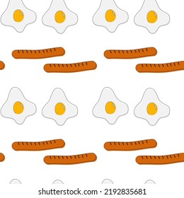 A seamless pattern on a transparent background of fried eggs and sausages. Isolate. Background.