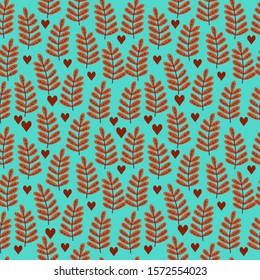 Seamless pattern on turquoise background with orange branches and red hearts. Hand drawn illustration.