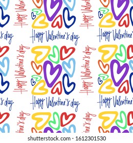 Seamless pattern on Valentines Day theme. Rectangular-shaped clusters of rainbow-colored hearts, hand-lettered greeting phrases