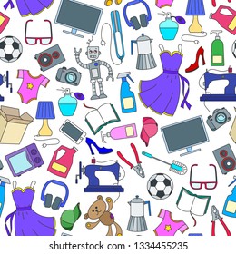 Seamless pattern on a variety of products and shopping, simple purchase icons, color icons on white background