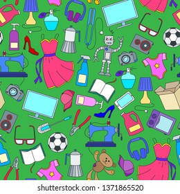 Seamless pattern on a variety of products and shopping, simple purchase icons, color icons on green background