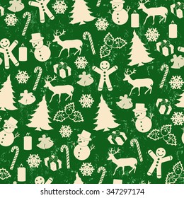 Seamless pattern on vintage style with Christmas elements on green, vector illustration