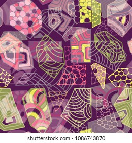 Seamless pattern on a violet background. Geometrical bright patterns. Handmade. Picture for the fabric and wallpaper. Creative background .Vector.