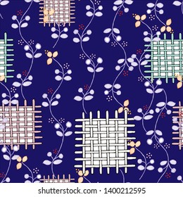 Seamless pattern on violet background. Peasant motif fabric with patch.