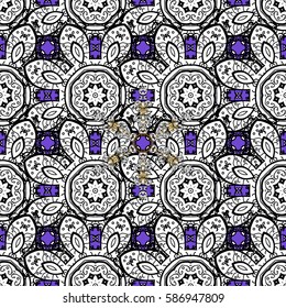 Seamless pattern on violet background with golden elements. Seamless classic vector golden pattern. Traditional orient ornament, classic vintage background.