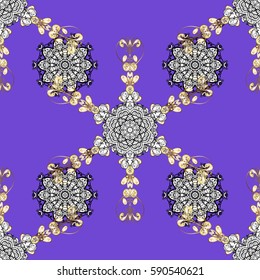 Seamless pattern on violet background with golden elements and white doodles. Traditional orient ornament. Seamless classic vector golden pattern. Classic vintage background.