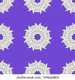 Seamless pattern on violet background. Seamless white textured curls. Vector white seamless pattern. White elements in oriental style arabesques.