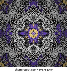 Seamless pattern on violet background with golden elements and with white doodles. Seamless Golden pattern. Vector oriental ornament.