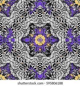 Seamless pattern on violet background with golden elements. Seamless classic vector golden pattern. Traditional orient ornament, classic vintage background.