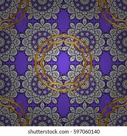 Seamless pattern on violet background with golden elements and with white doodles. Seamless Golden pattern. Vector oriental ornament.