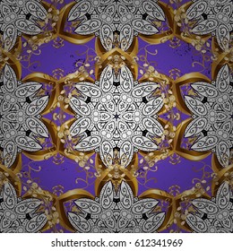 Seamless pattern on violet background with golden elements and white doodles. Classic vintage background. Traditional orient ornament. Seamless classic vector golden pattern.