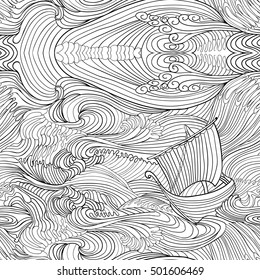 Seamless pattern on waves and the ship. Endless elegant texture with  graphic style. Abstract hair and marine design elements could be used for coloring book. Black and white vector illustration. 