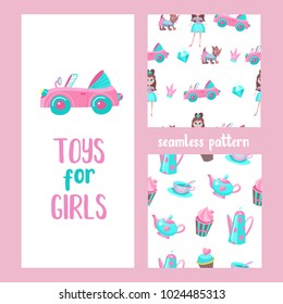 Seamless pattern on a white background. The attributes of a beautiful life of the girl. A pink convertible, a little dog in a suit, diamonds, a Royal crown. Seamless pattern with tea utensils.