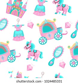 Seamless pattern on a white background. In pink and blue color. Fabulous accessories. Carriage for Princess, medieval castle, pink pony, diamonds, mirror in a beautiful frame, beautiful dress.