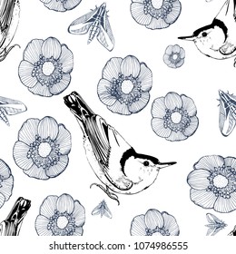 seamless pattern on white background, hand drawing, birds, flowers and moths, vector