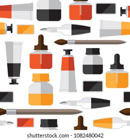 Seamless pattern on white background. Vector stationery objects for calligraphy and beautiful writing. Ink bottles, brushes, watercolor ink, brushpen