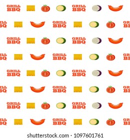 Seamless pattern on white background. Barbecue grill vegetables and sausages. Tomatoes, corn, zucchini, eggplant.