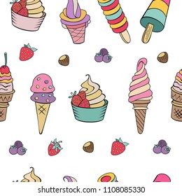 Seamless pattern on white background. Hand-drawn ice cream. Miscellaneous ice cream with topping, nuts, berries, chocolate and cookies. Vector illustration of Doodle.