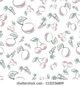 Seamless pattern on a white background of a fresh and juicy plum, cherries and currant twig