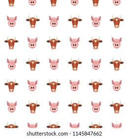 Seamless pattern on white background. Cute cows and pigs. Farm products.