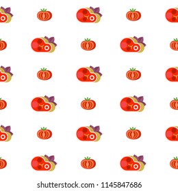 Seamless pattern on white background. Fresh meat. Delicious steak and tomato. Vector illustration.