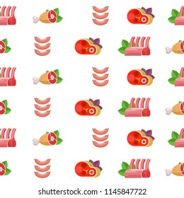Seamless pattern on white background. Fresh meat. Delicious ham, sausages and steak. Vector illustration.