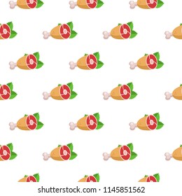 Seamless pattern on white background. Fresh meat. Delicious ham and Basil leaf. Vector illustration.