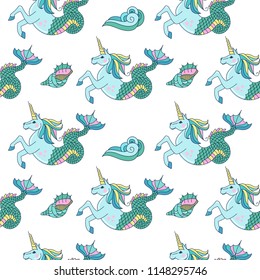 Seamless pattern on white background. A mythological sea creature. A sea unicorn. Vector illustration.