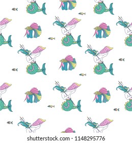 Seamless pattern on white background. A mythological sea creature. Sea king Triton blows a horn. Vector illustration.