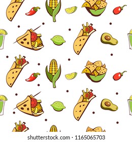 Seamless pattern on white background. Mexican food. A set of popular Mexican fast food dishes. Vector illustration in cartoon style.