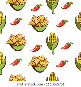 Seamless pattern on white background. Mexican food. A set of popular Mexican fast food dishes. Vector illustration in cartoon style.