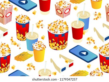 seamless pattern on white background. Popcorn, cola, 3d movie eyeglasses and movie tickets. Bright interesting texture. Isometric 3d