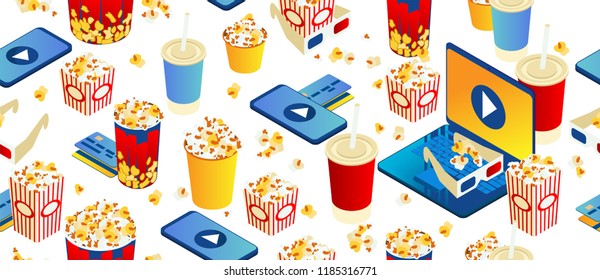 seamless pattern on white background. Popcorn, cola, 3d movie eyeglasses and movie tickets. Bright interesting texture. Isometric 3d