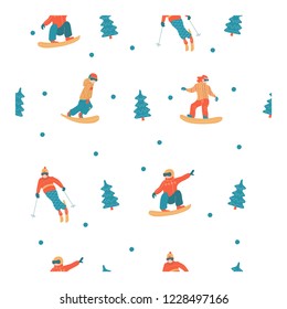 Seamless pattern. On white background. Happy New Year. Vector illustration. A set of characters engaged in winter sports and recreation.