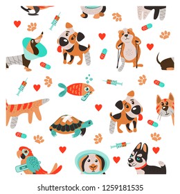 Seamless pattern on white background for veterinary clinics and animal shelters. Cute sick animals. Dogs, cats, turtles, hamster and fish.