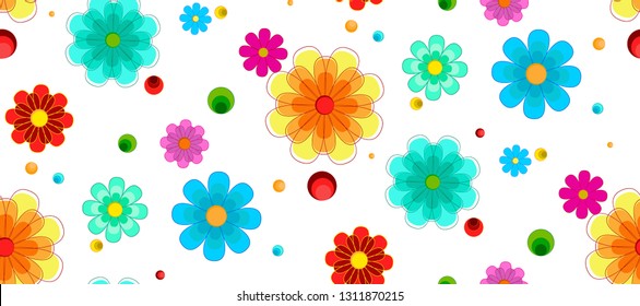 Seamless pattern on white background. Colorful flowers and balls.
