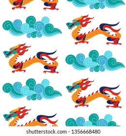 Seamless pattern on white background. Traditional Chinese pattern with Chinese dragons. Vintage abstract seamless pattern with China. Textile design. Textile ornament. Richly decorated with beautiful 