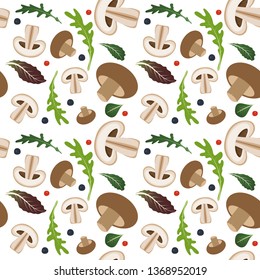 Seamless pattern on white background with mushrooms and champignon slices. Mushrooms with lettuce and arugula leaves. Vector illustration.