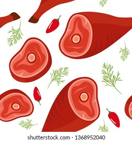 Seamless pattern on white background with gammon and steak on the bone, hot pepper and dill. Meat products background. Vector illustration.