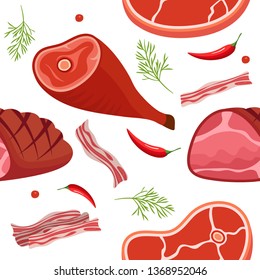 Seamless pattern on white background with gammon, ham, bacon, steak on the bone, hot pepper and dill. Meat products background. Vector illustration.