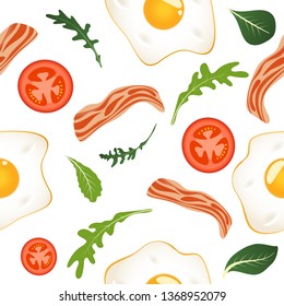 Seamless pattern on white background with fried eggs, bacon, tomatoes and lettuce. Omelet, scrambled eggs. Breakfast food. Vector illustration.