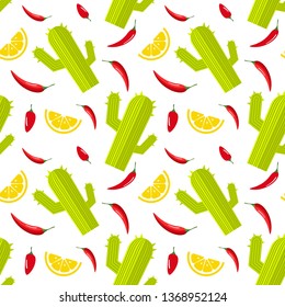 Seamless pattern on white background with green cactus, hot red pepper and slice of lemon. Mexican food background. Vector illustration.