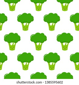 Seamless pattern on white background of cute cartoon green broccoli