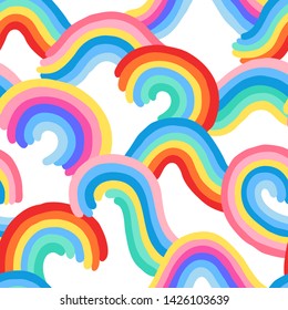 Seamless pattern on white background. Rainbow waves, swirls and arches in fun bright colors. Vector illustration. 