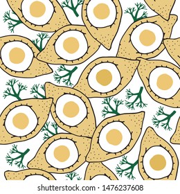 seamless pattern on a white background with Georgian cuisine, appetizing Adjarian khachapuri and dill and parsley