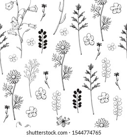 Seamless pattern on a white background. Black and white style. Vector illustration of wildflowers. Chamomile, bell, cornflower, shepherd’s bag. Endless flower testures.